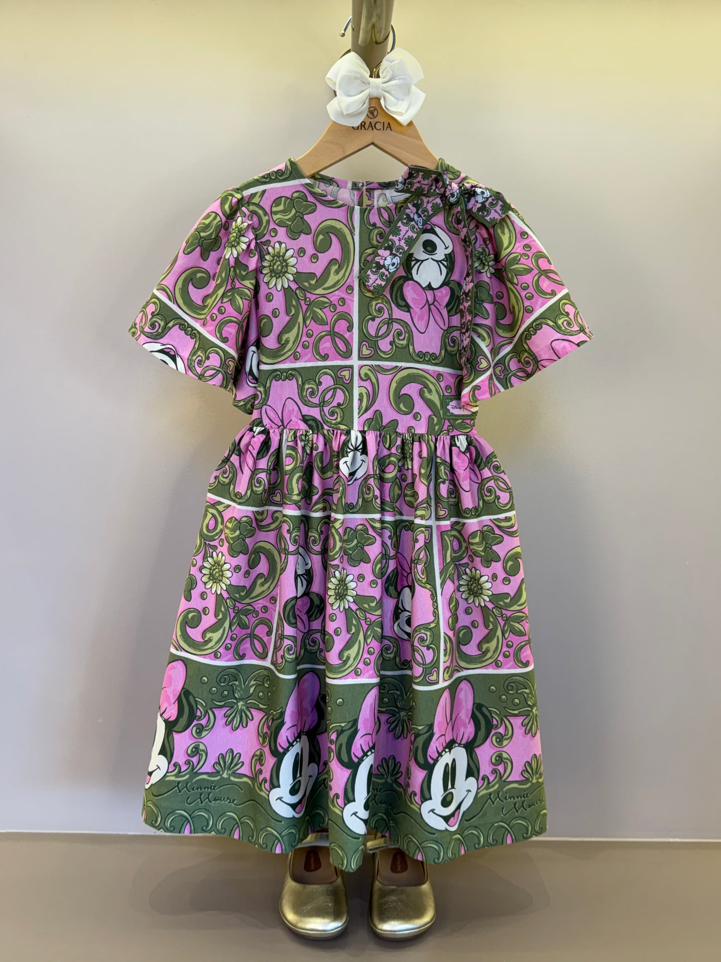 Vestido Infantil Algodão Maxi Minnie Barrado Rosa e Verde Forest - Animê