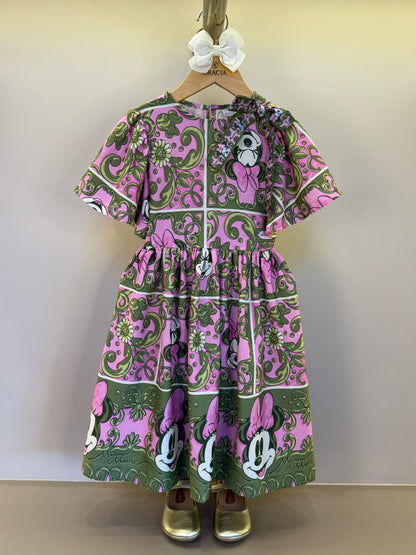 Vestido Infantil Algodão Maxi Minnie Barrado Rosa e Verde Forest - Animê
