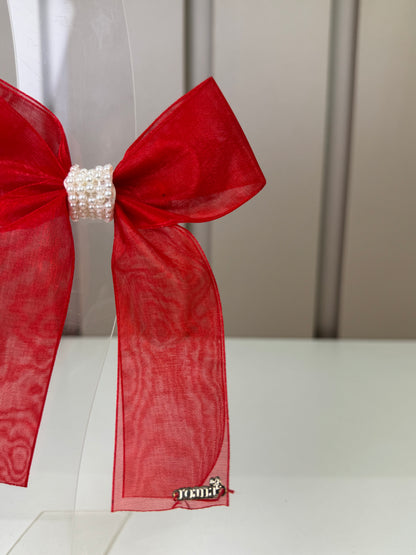 Laço Infantil Organza Vermelho Miolo Pérolas - Roana
