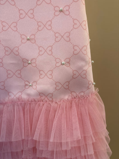 Vestido infantil Acetinado Monograma com Babados - Luluzinha