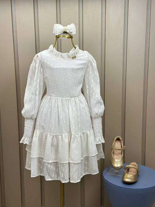 Vestido Infantil Chiffon Rodado ML Cinto Pérolas Ursinho Branco - Luluzinha