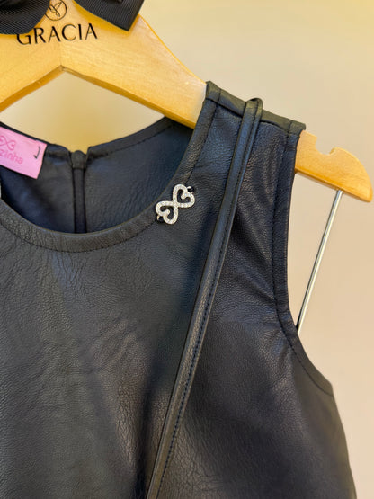 Vestido Infantil Trapézio Couro Tech com Bolsa Ursinho - Luluzinha