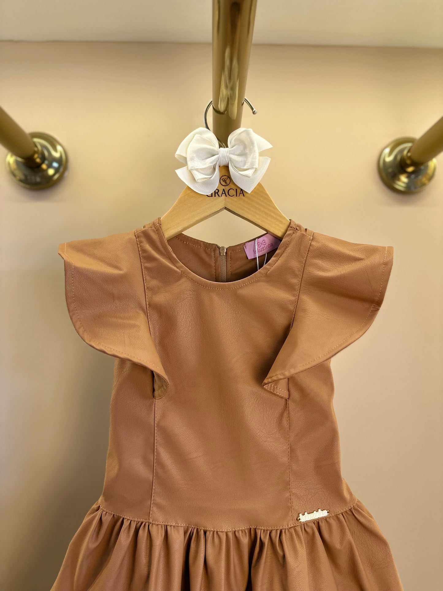 Vestido Infantil Rodado Babadinhos Couro Tech Caramelo - Luluzinha