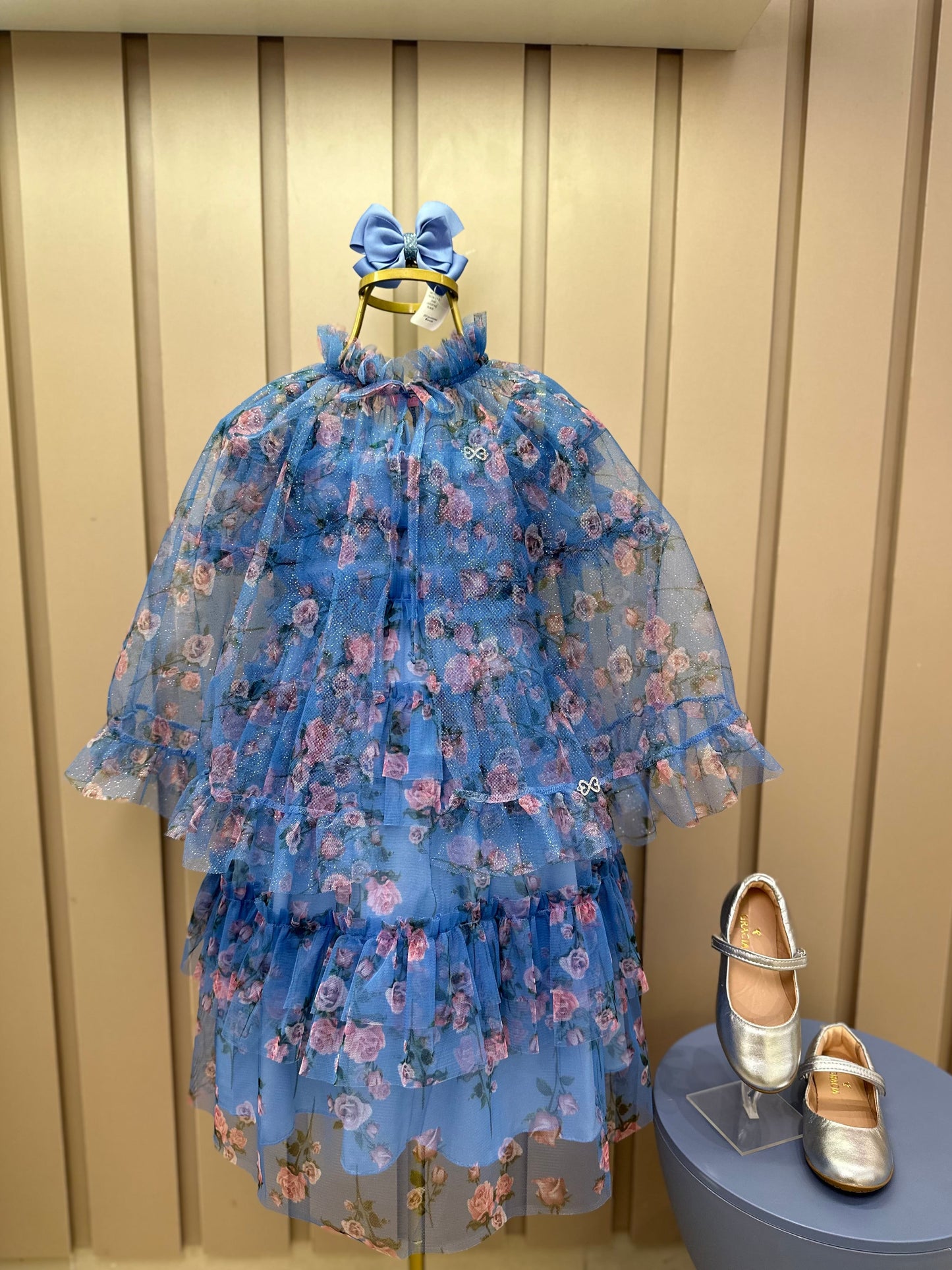 Vestido Infantil Midi Tule Floral Azul Babados - Luluzinha