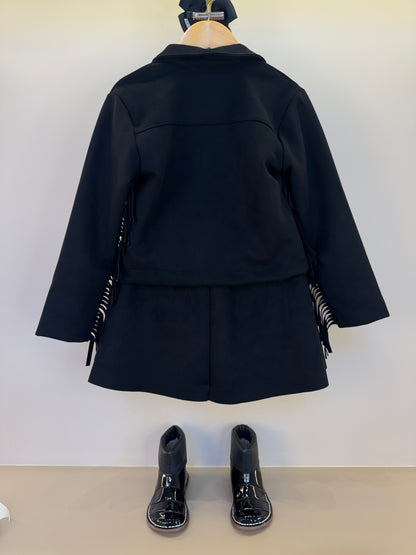 Conjunto Infantil Blusa Rodeio com Jaqueta Franjas e Saia Suede Preta - Momi
