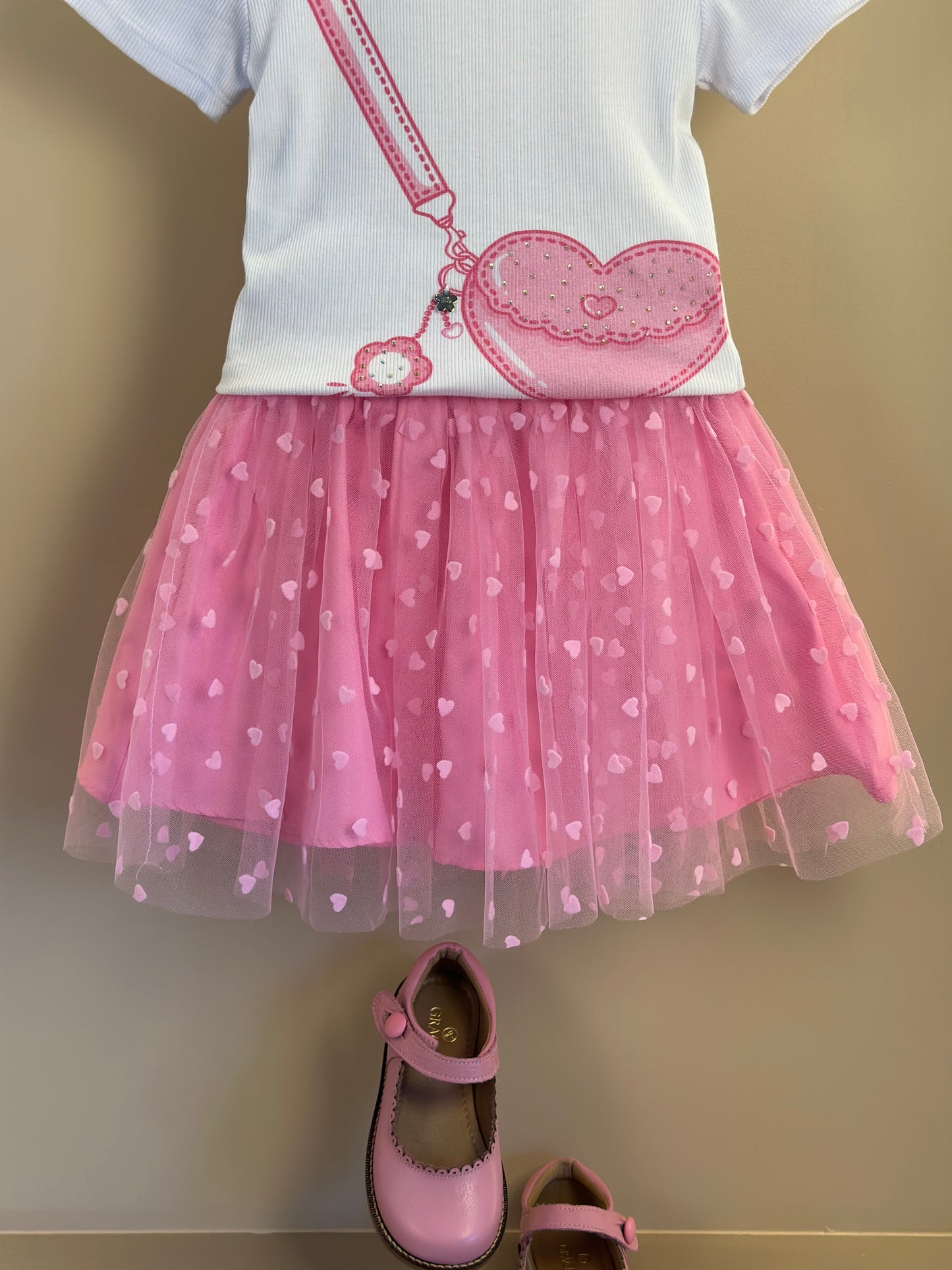 Conjunto Infantil Blusa Bolsa Coração e Saia de Tule Coração - Mon Sucré