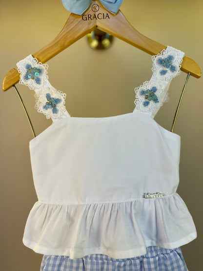 Conjunto Infantil Blusa Aplicações Flores e Shorts Xadrez Azul - Luluzinha