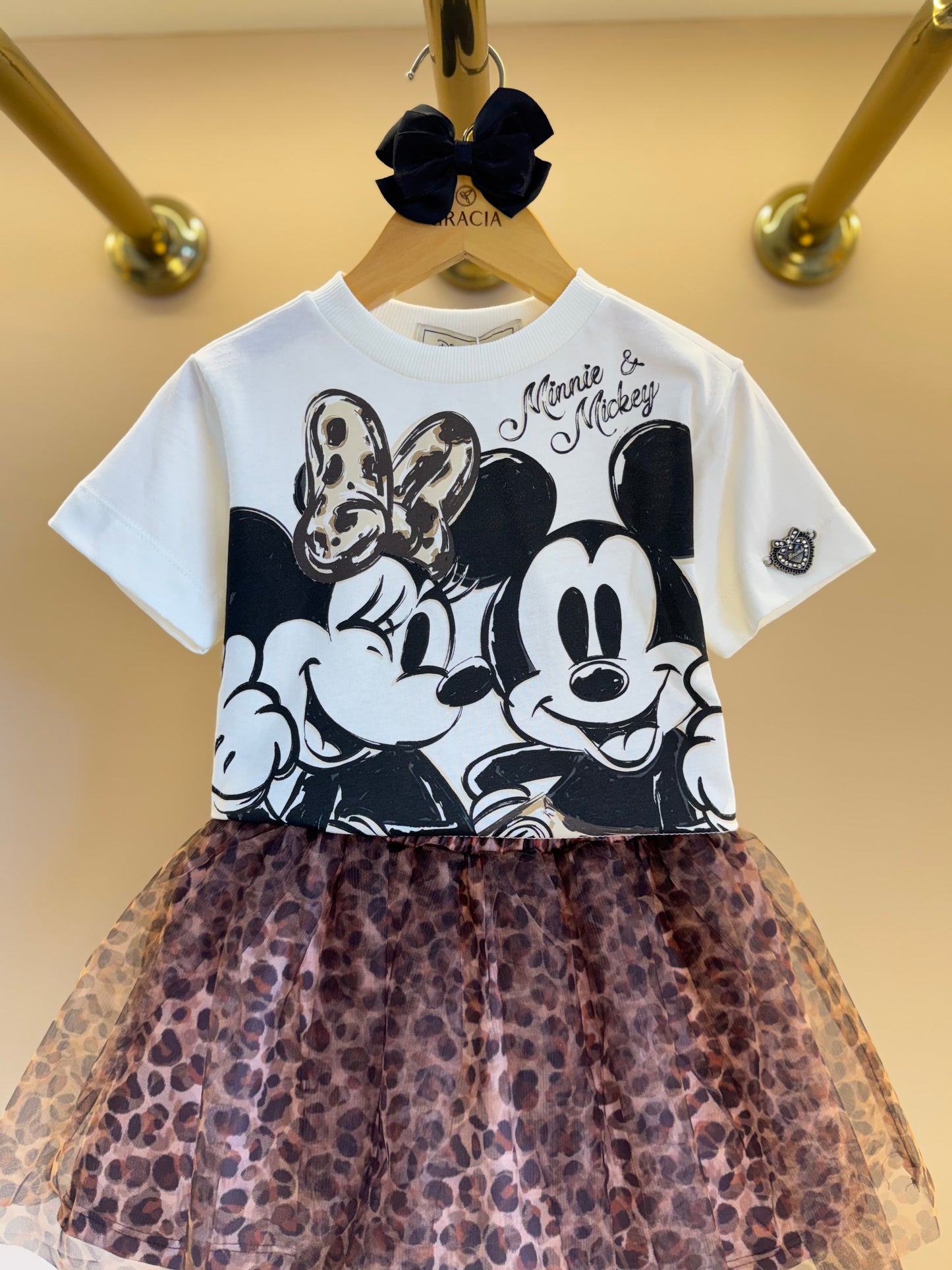 Conjunto Infantil Blusa Minnie & Mickey e Saia Tule Plissada Animal Print - Animê