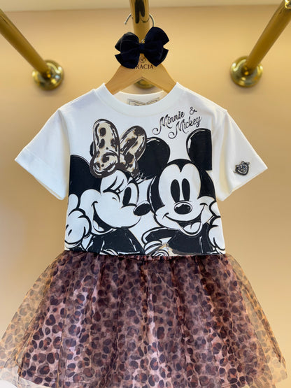 Conjunto Infantil Blusa Minnie & Mickey e Saia Tule Plissada Animal Print - Animê