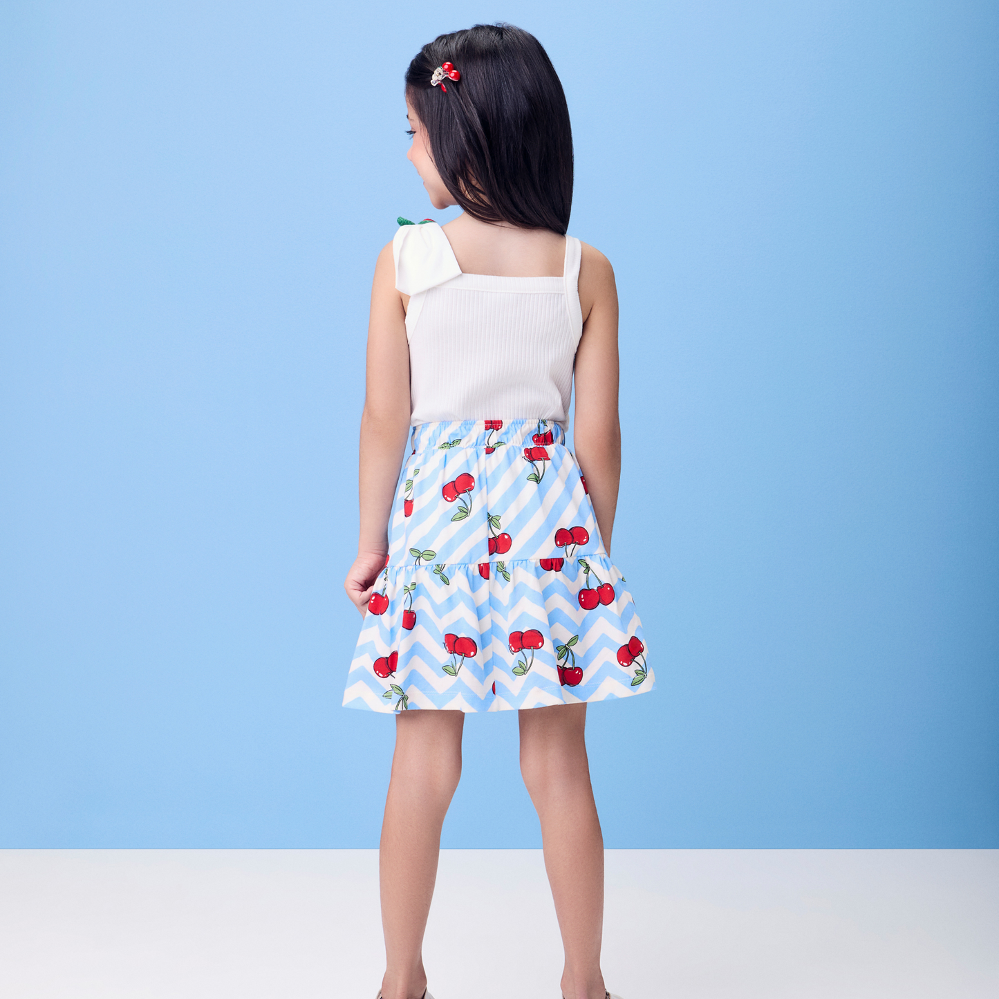 Conjunto Infantil Blusa e Saia Azul Cerejinhas - Momi PRÉ-VENDA