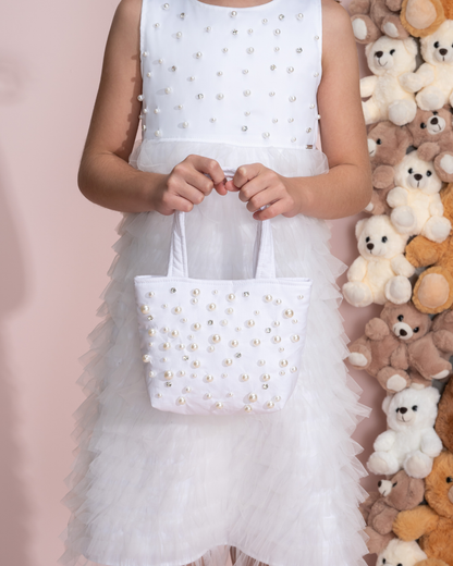 Vestido Infantil Festa Pérolas Tule Frufru Branco - Pituchinhus