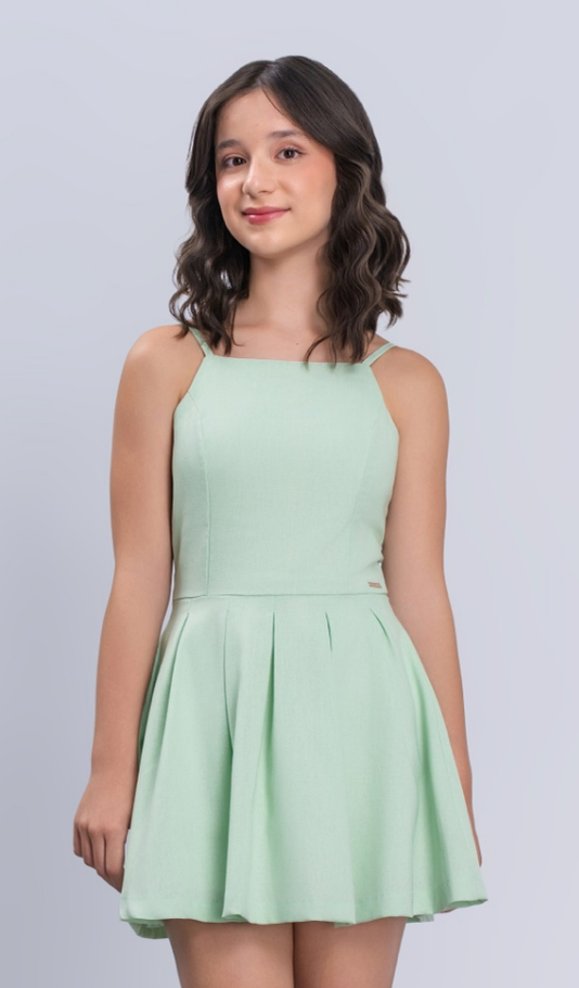 Vestido Teen Com Alças Finas e Saia Evasê - Vanilla Cream - Pré Venda
