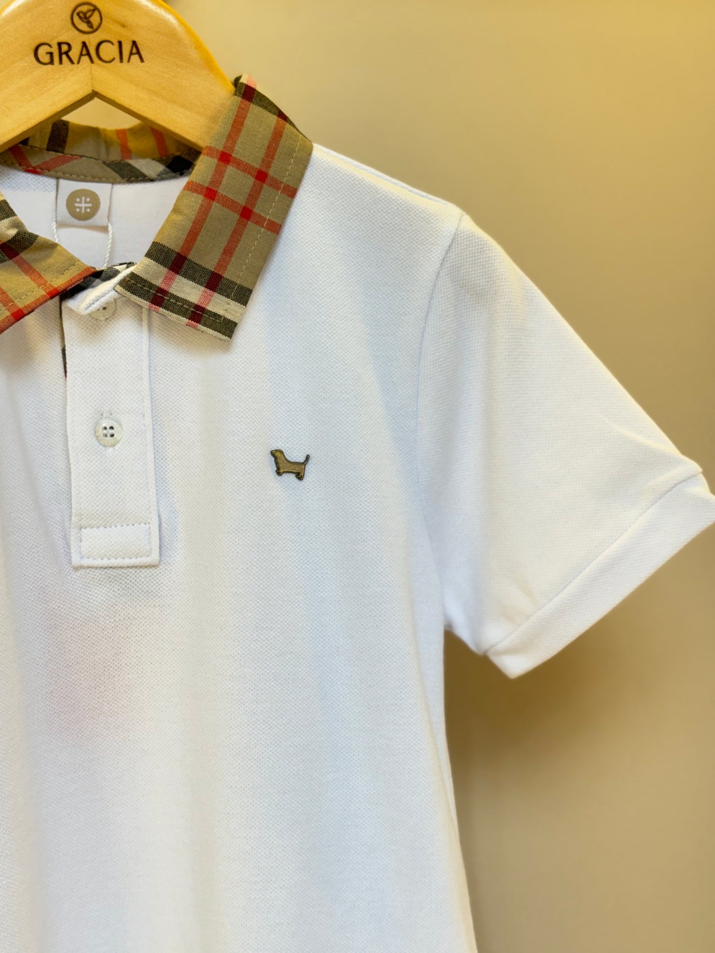 Polo Infantil Piquet Gola Tricoline Xadrez Branca - Um Mais Um