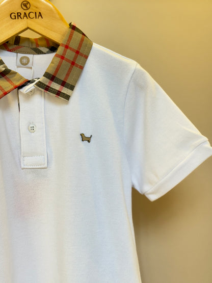 Polo Infantil Piquet Gola Tricoline Xadrez Branca - Um Mais Um