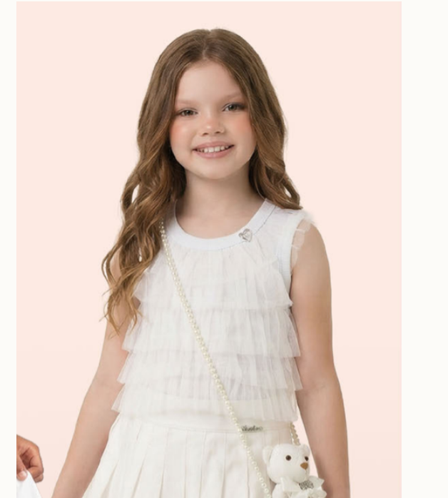 Conjunto Infantil Regata Off White com Babados em Camadas Calça Wide Leg Couro Fake Pingente de Urso - Luluzinha