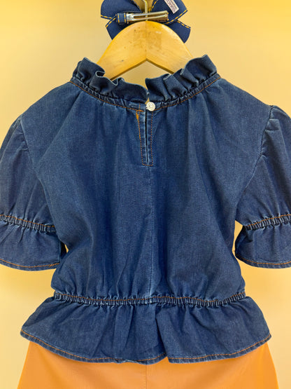 Conjunto Infantil Blusa Jeans Peplum e Shorts Couro Tech Botões - Luluzinha
