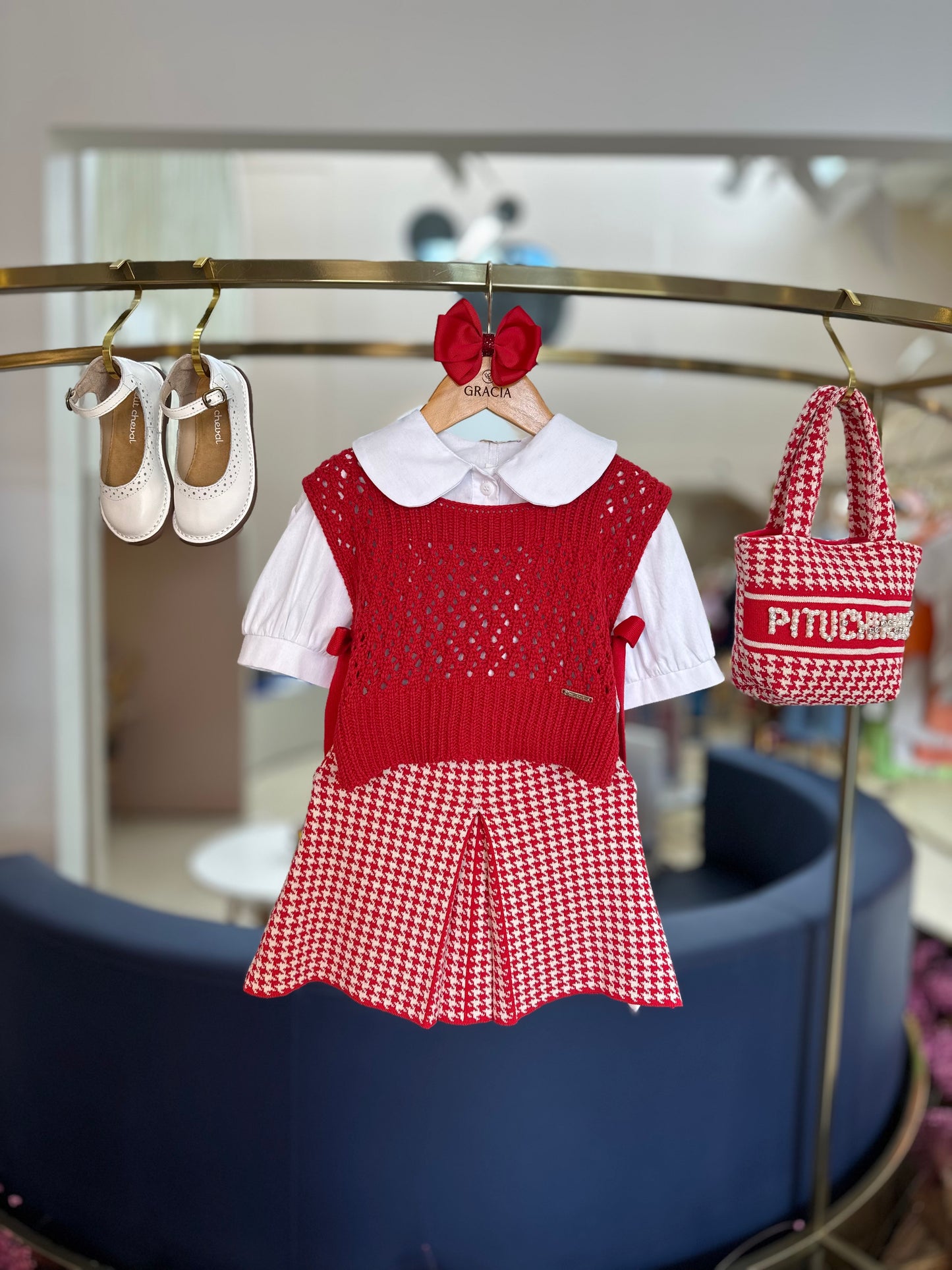 Conjunto Infantil Colete Ponto Rendado e Saia Tricot Pied Poule Prega - Pituchinhus