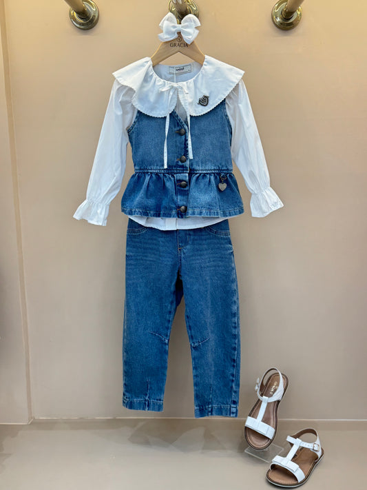 Conjunto Infantil Camisa Gola Laço com Colete Babados Jeans e Calça Jeans Barrel - Animê