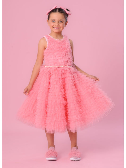 Vestindo Infantil Frufru Tule Colar Bordado com Cinto Rosa Romântico - Pituchinhus