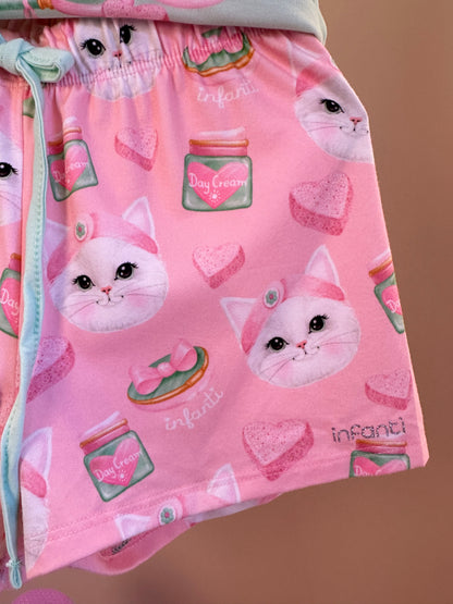 Pijama Infantil Blusa Gatinha Skin Care e Shorts Gatinha Rosa - Infanti