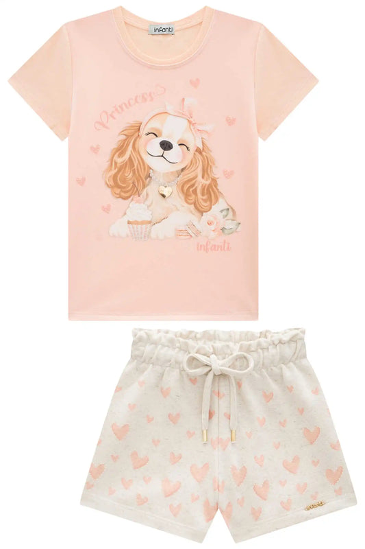 Conjunto Infantil Blusa Laranja Cachorrinho Short Moletom - Infanti