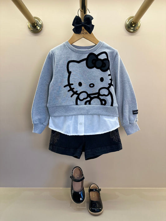 Conjunto Infantil Casaco Moletom Hello Kitty Mescla e Shorts Jeans  Black Laço Strass - Momi