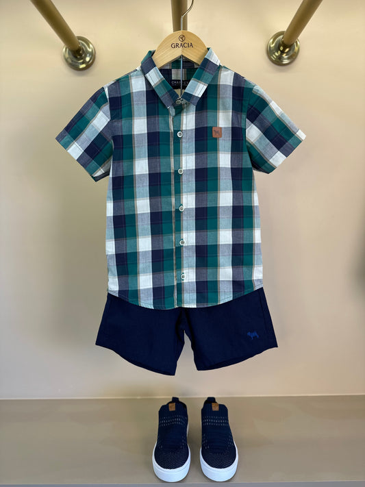 Conjunto Infantil Camisa MC Xadrez Verde e Bermuda Linho Marinho - Charpey