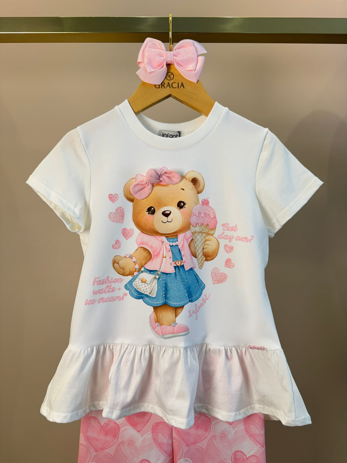 Conjunto Infantil Blusa Ursinha Com Laço e Calça Legging Corações - Infanti