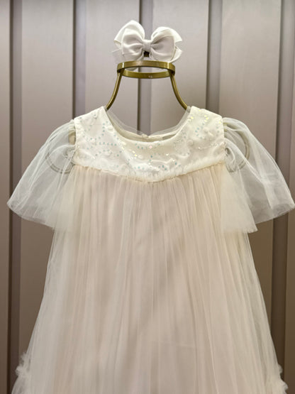 Vestido Infantil Trapézio Tule Bordado Flocado Gola Amarelo - Petit Cherie