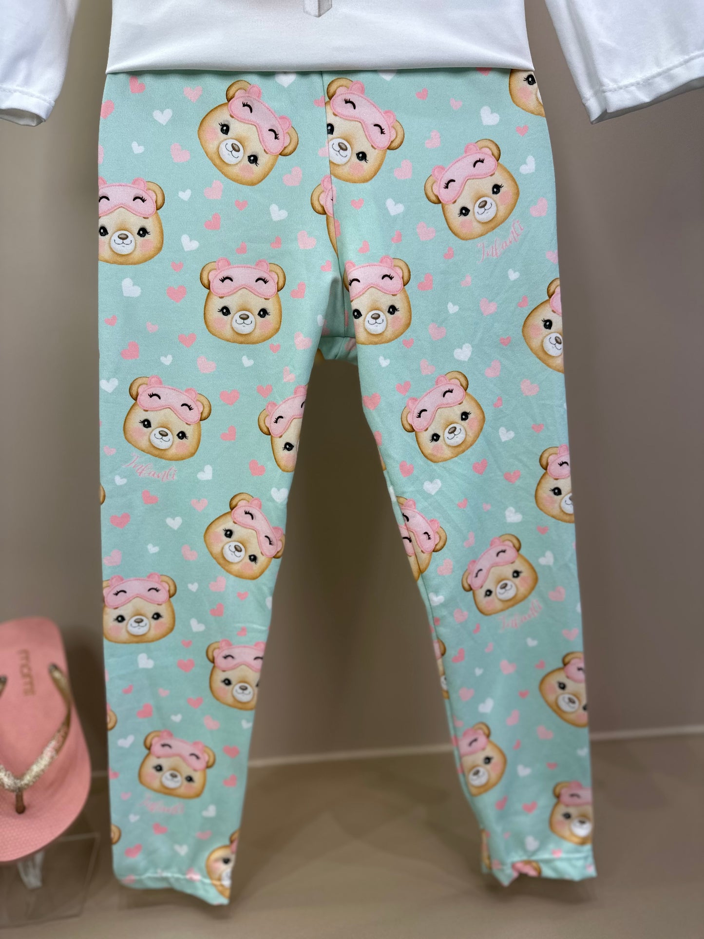 Pijama Infantil Blusa ML Ursinha Off e Legging Estampada Verde - Infanti