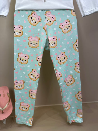 Pijama Infantil Blusa ML Ursinha Off e Legging Estampada Verde - Infanti