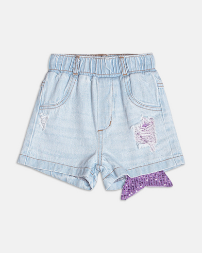 Conjunto Infantil Blusa Ariel Strass e Shorts Jeans Calda Paetês - Momi