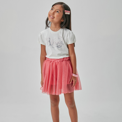 Conjunto Infantil Blusa Algodão e Saia Tule Coral - Beabá PRÉ-VENDA