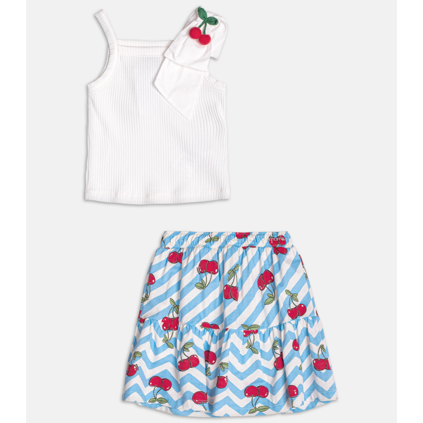 Conjunto Infantil Blusa e Saia Azul Cerejinhas - Momi PRÉ-VENDA