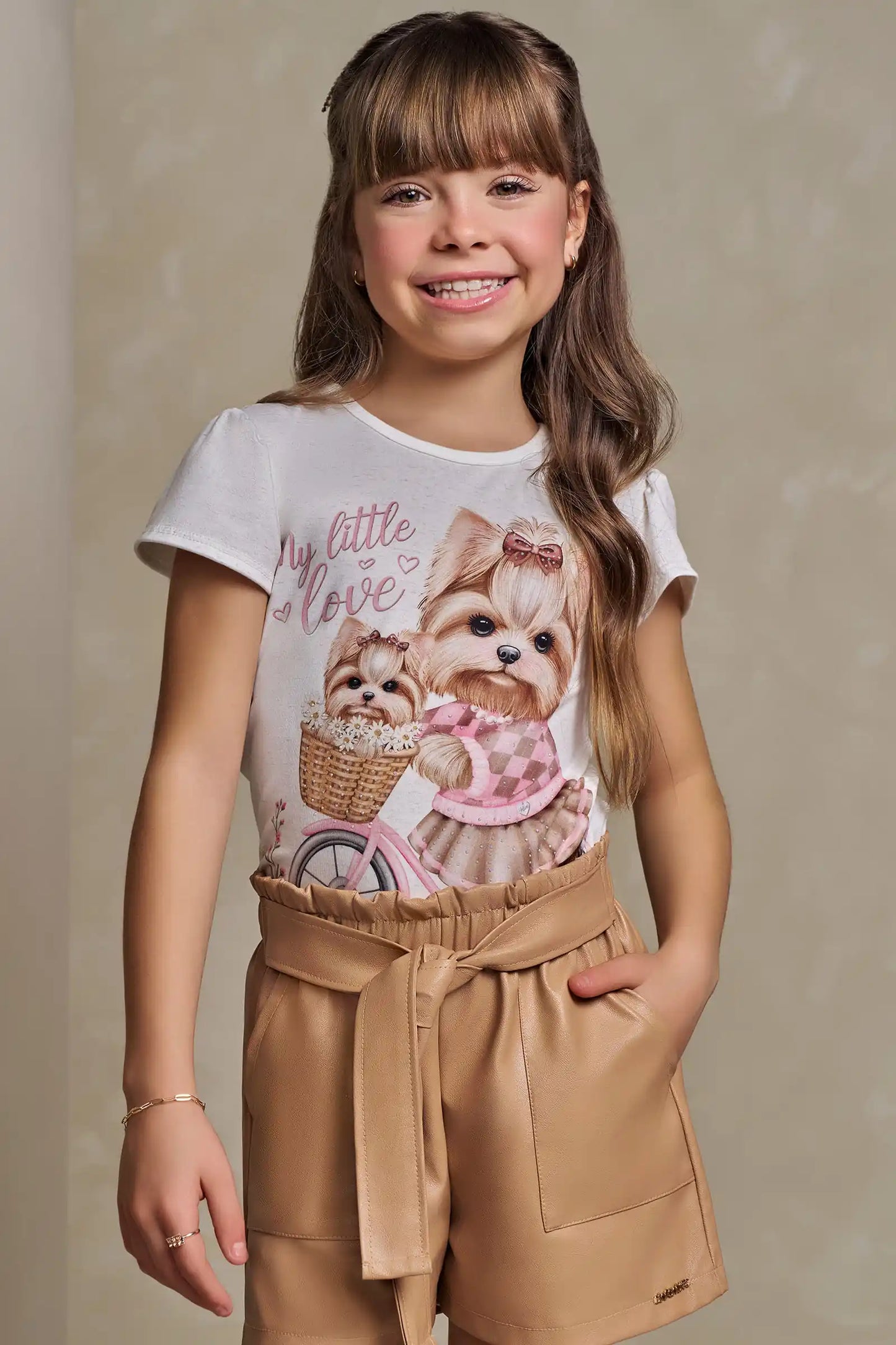 Blusa Infantil Malha Comfy Cachorrinha Cute Bege Claro - Infanti