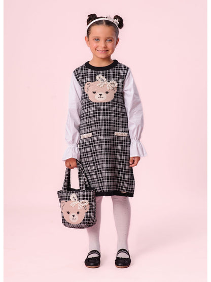 Vestido Infantil Tricot Xadrez Ursinho Mangas de Algodão - Pituchinhus PRÉ-VENDA
