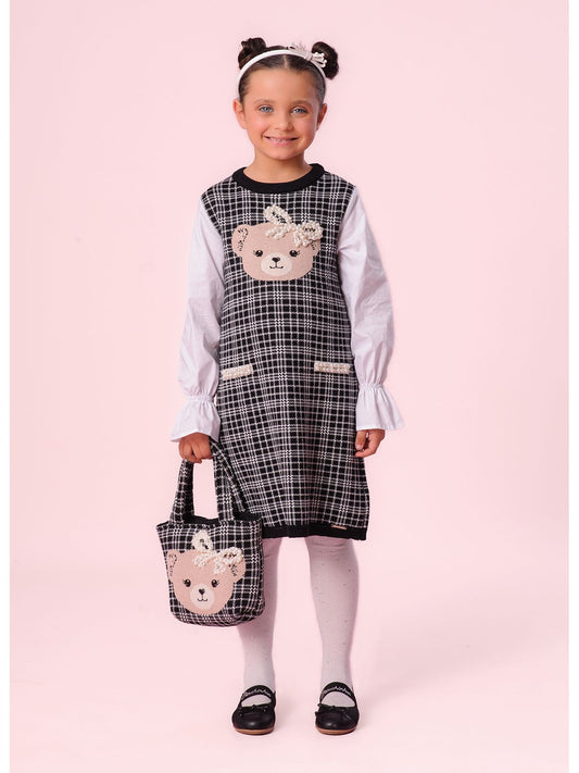 Vestido Infantil Tricot Xadrez Ursinho Mangas de Algodão - Pituchinhus PRÉ-VENDA