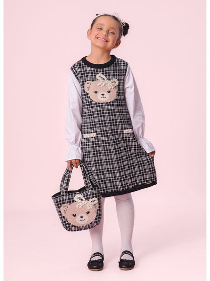 Vestido Infantil Tricot Xadrez Ursinho Mangas de Algodão - Pituchinhus PRÉ-VENDA