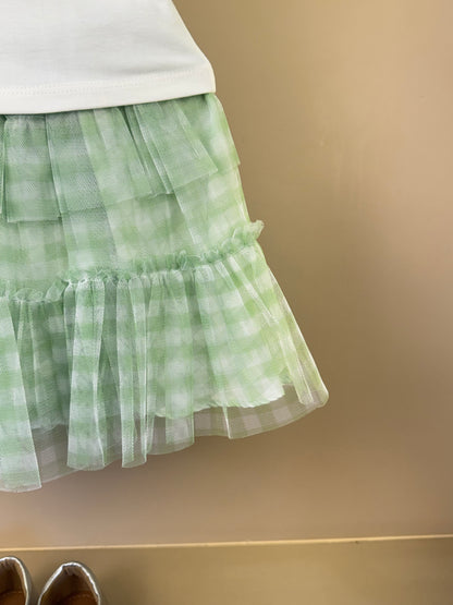 Conjunto Infantil Blusa Strass Flores e Saia Quadriculada Verde - Petit Cherie