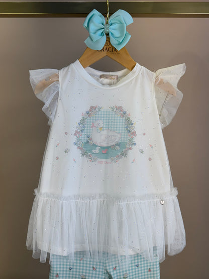 Conjunto Infantil Blusa Mangas Tule e Calça Azul Quadriculada - Petit Cherie
