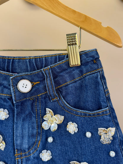 Conjunto Infantil Blusa Jeans Bordada Flores e Short Jeans Branco - Luluzinha