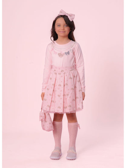 Conjunto Infantil Blusa Colar Bordado e Saia Pregas Ursinha - Pituchinhus PRÉ-VENDA