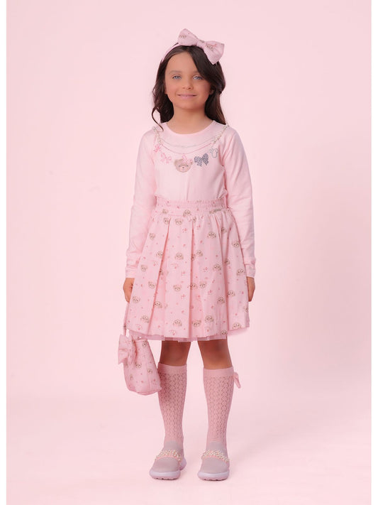 Conjunto Infantil Blusa Colar Bordado e Saia Pregas Ursinha - Pituchinhus PRÉ-VENDA