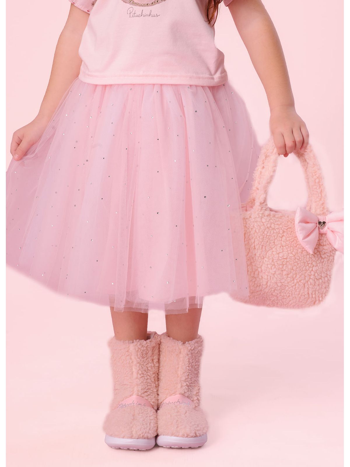 Saia-shorts Infantil Tule e Cristais Princesa Rosa Gelado - Pituchinhus