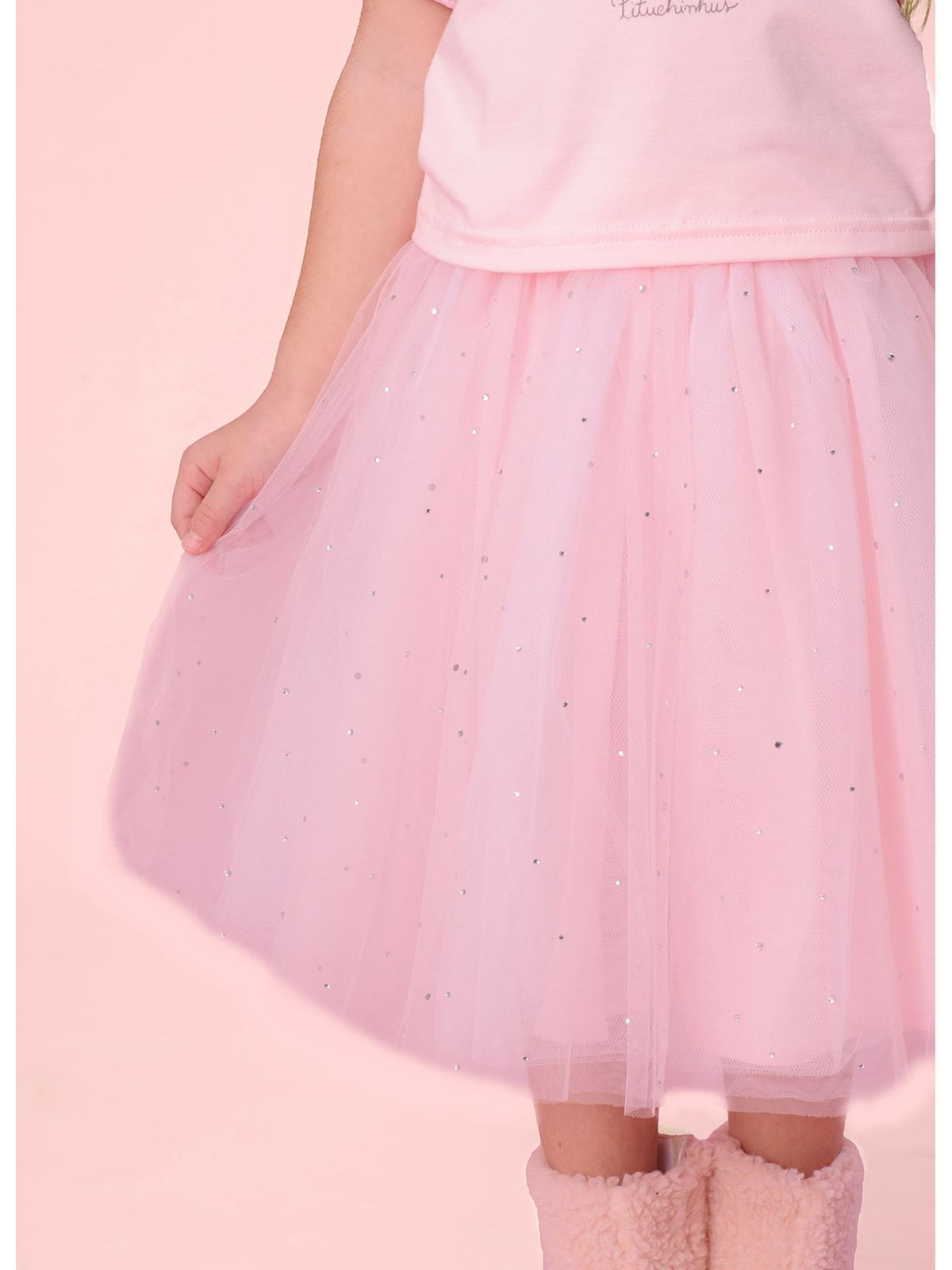 Saia-shorts Infantil Tule e Cristais Princesa Rosa Gelado - Pituchinhus