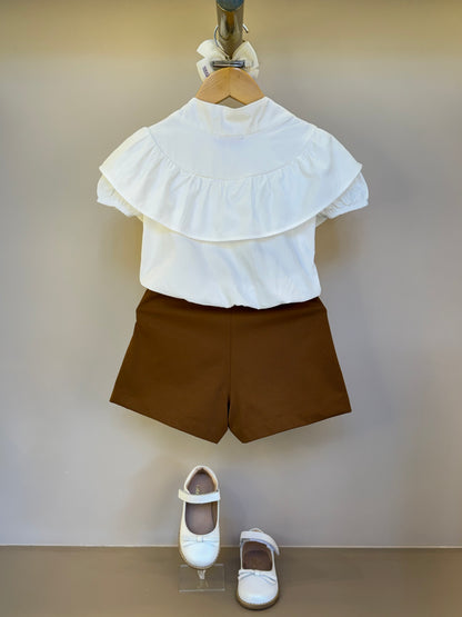 Conjunto Infantil Blusa Gola Laço E Saia Pregas Sarja Terracota - Luluzinha