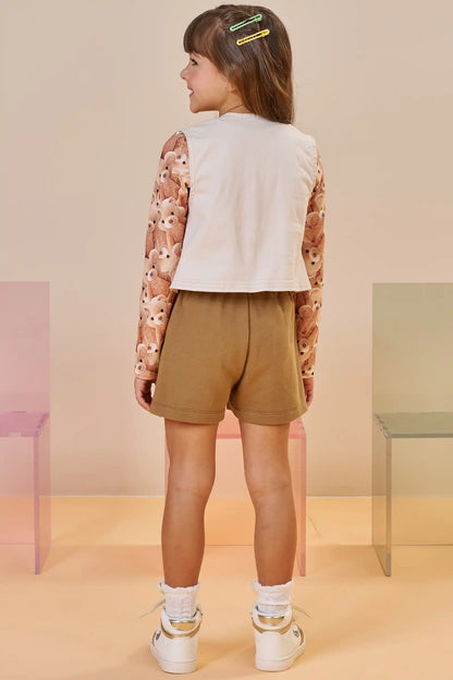 Conjunto Infantil Trio Blusa Ursinhos, Colete Sarja com Elastano e Shorts em Moletom s/ Pelúcia - Infanti