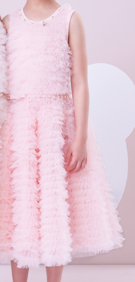 Vestido Infantil Conceito Frufru Tule Cinto Pérola Rosa Gelado - Pituchinhus PRÉ-VENDA