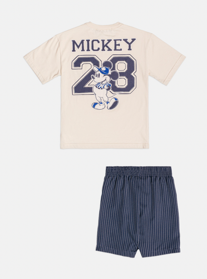 Conjunto Infantil Camiseta Bege Mickey e Bermuda Marinho Listrada - Youccie