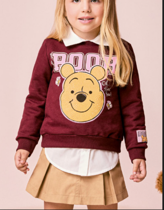 Conjunto Infantil Feminino Casaco Moletom Pooh Cranberry Juice com Saia Sarja de Pregas Bege Escuro Casual - Momi